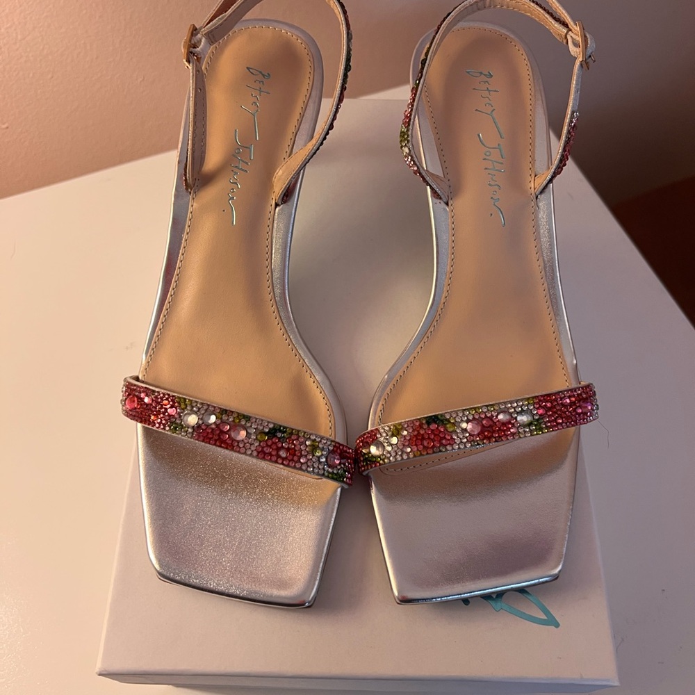 Betsey Johnson Silver Heels with Pink and Red Embellishments